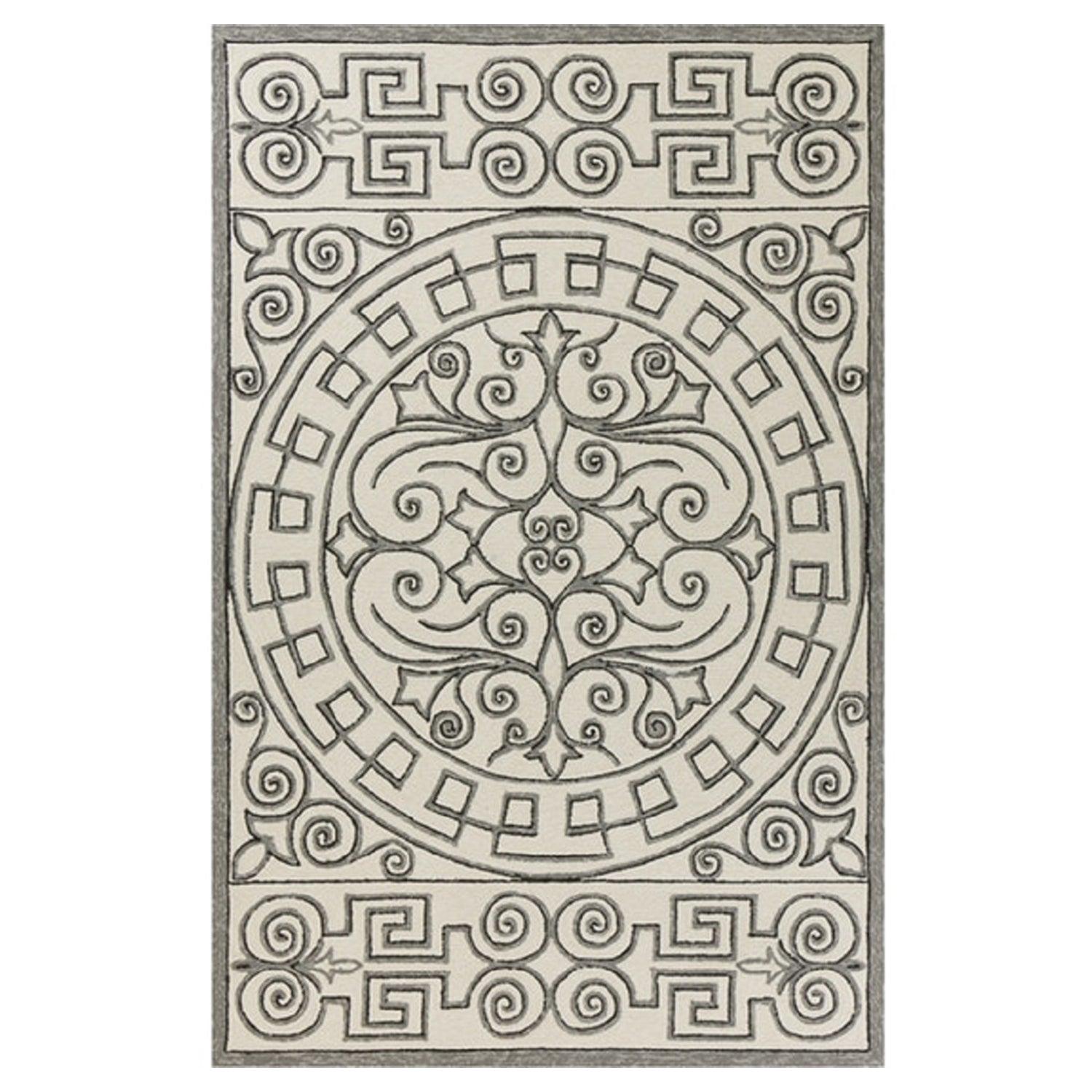 8'x10' Ivory Grey Hand Woven UV Treated Greek Key Medallion Indoor Outdoor Area Rug - AFS