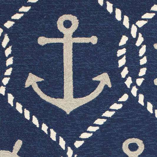 5'x8' Navy Blue Hand Hooked UV Treated Nautical Indoor Outdoor Area Rug - AFS