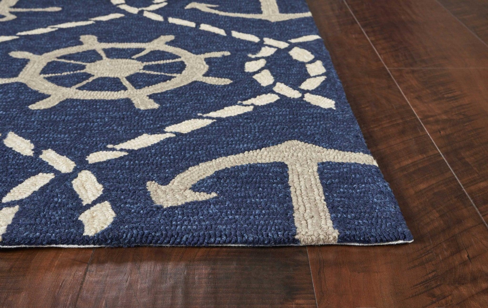 5'x8' Navy Blue Hand Hooked UV Treated Nautical Indoor Outdoor Area Rug - AFS