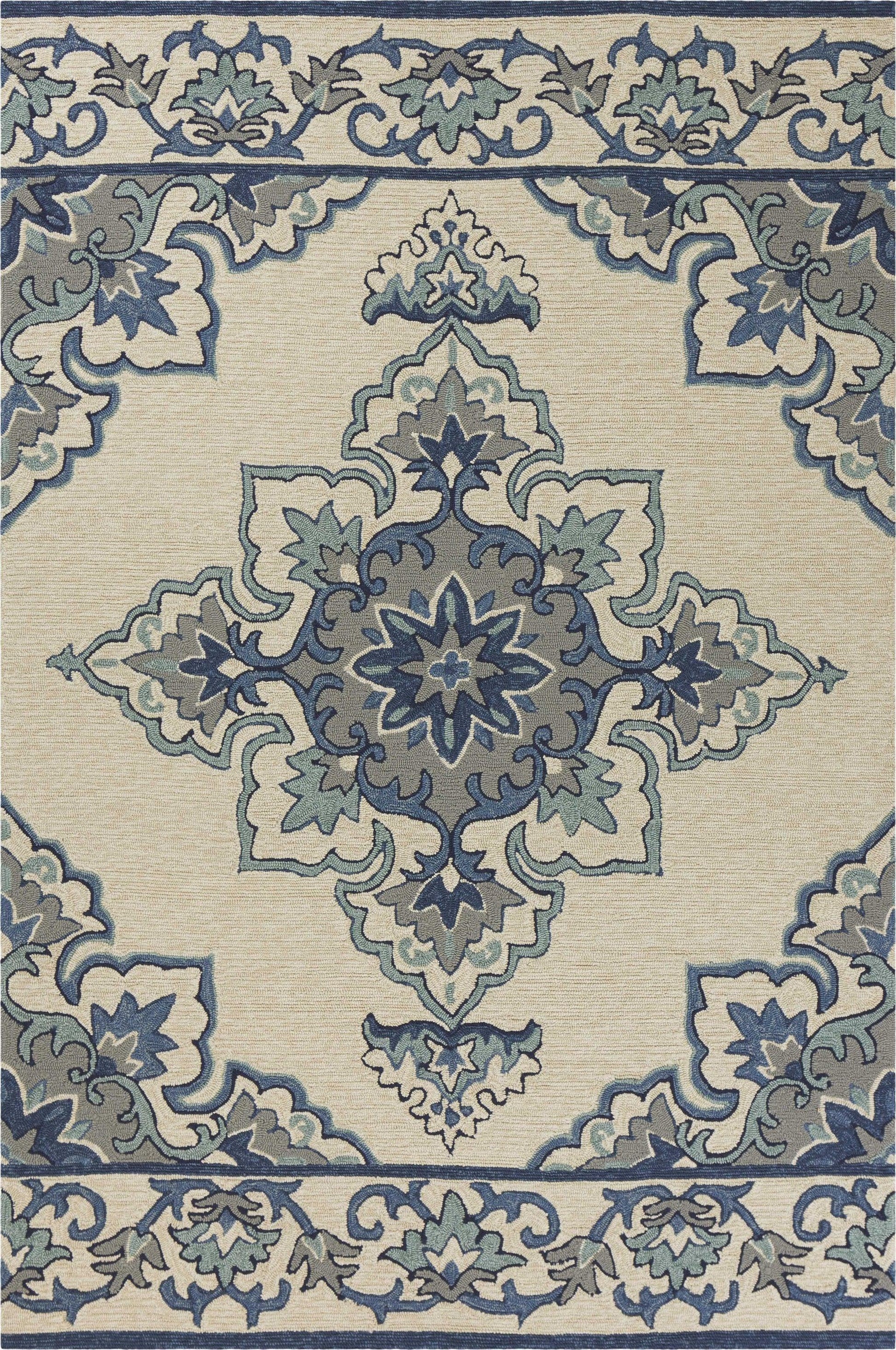 3'x5' Ivory Blue Hand Hooked Floral Medallion Indoor Outdoor Area Rug - AFS