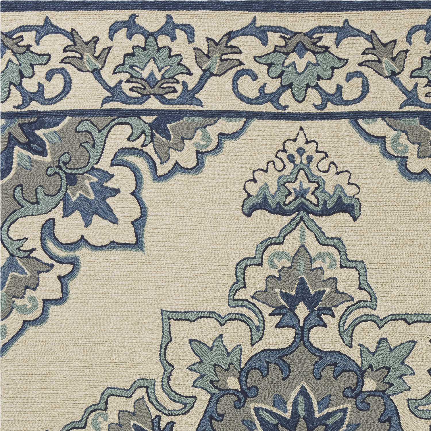 3'x5' Ivory Blue Hand Hooked Floral Medallion Indoor Outdoor Area Rug - AFS