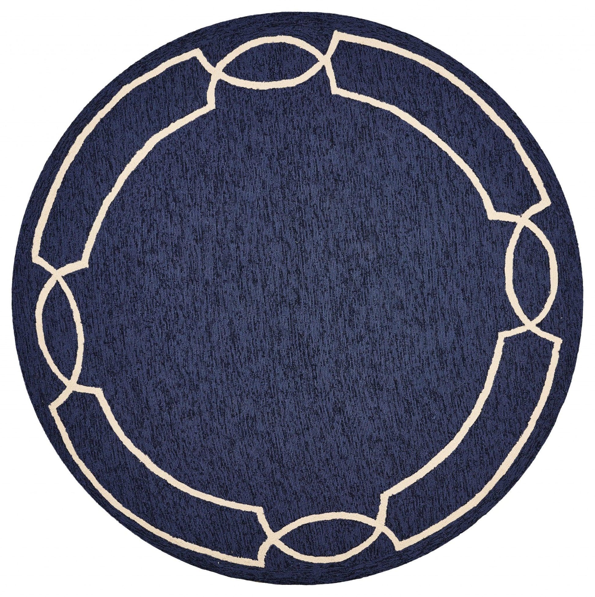 7' Ocean Blue Hand Hooked UV Treated Bordered Round Indoor Outdoor Area Rug - AFS