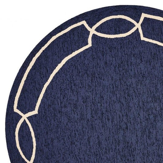 7' Ocean Blue Hand Hooked UV Treated Bordered Round Indoor Outdoor Area Rug - AFS