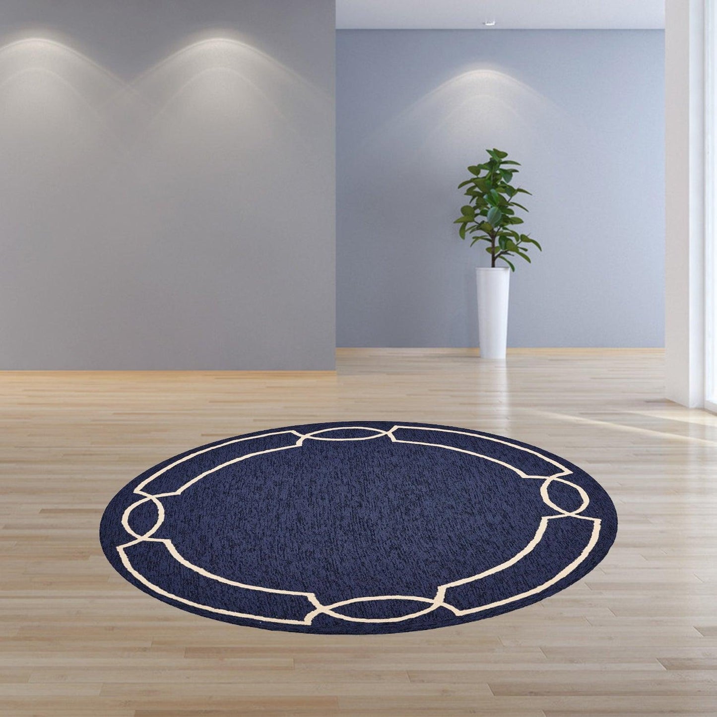 7' Ocean Blue Hand Hooked UV Treated Bordered Round Indoor Outdoor Area Rug - AFS