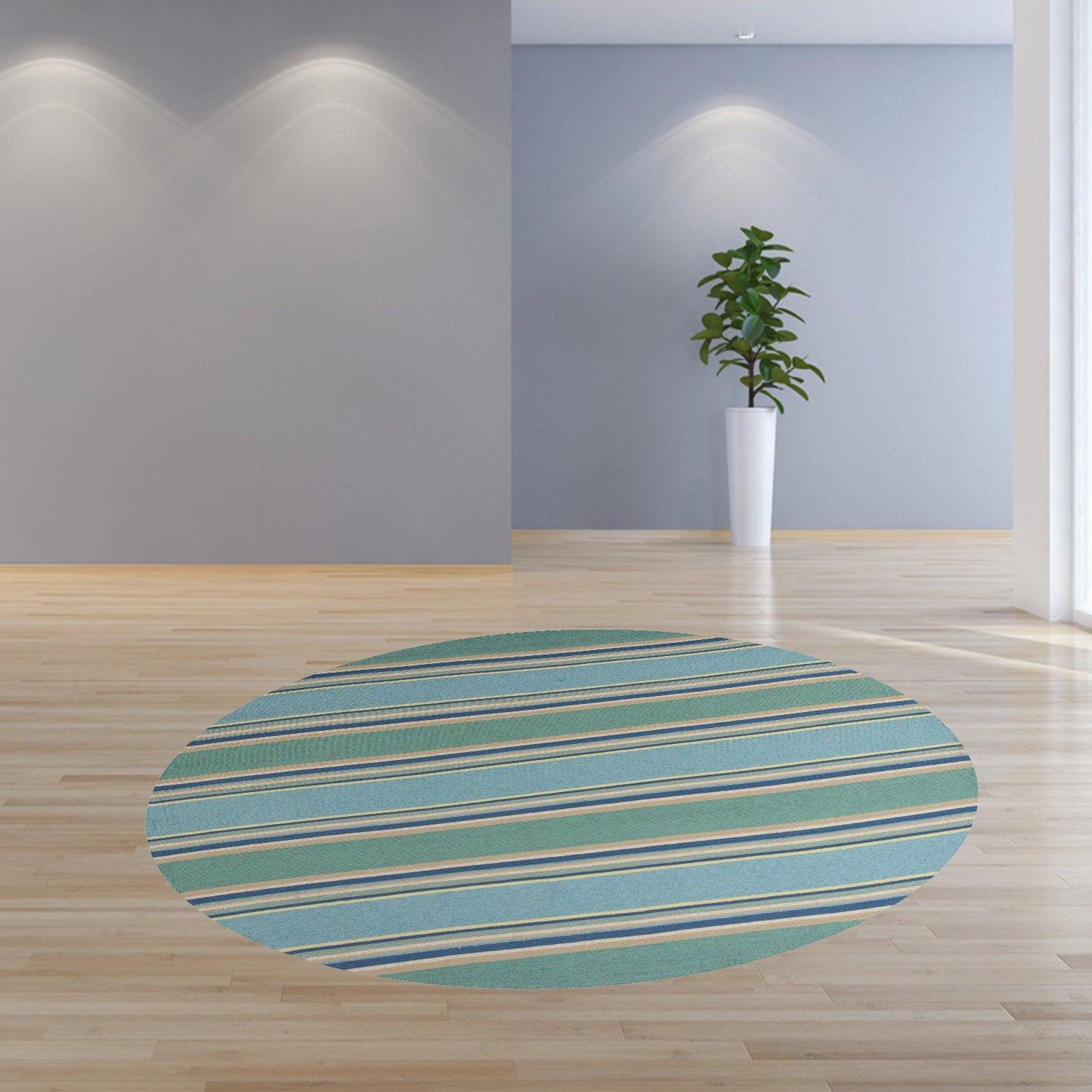 8'x10' Ocean Blue Hand Hooked UV Treated Awning Stripes Indoor Outdoor Area Rug - AFS