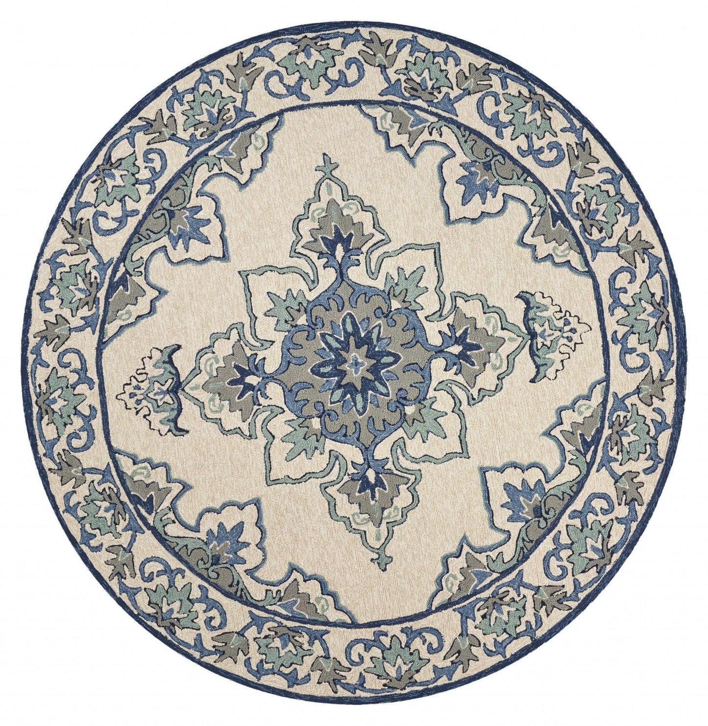 3'x5' Ivory Blue Hand Hooked Floral Medallion Indoor Outdoor Area Rug - AFS