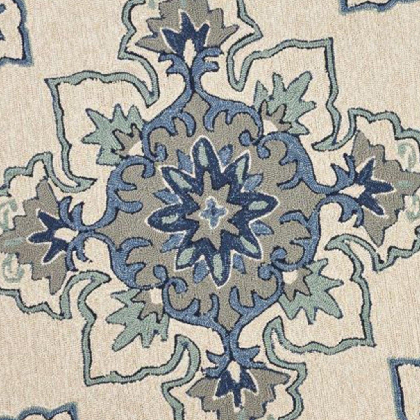 3'x5' Ivory Blue Hand Hooked Floral Medallion Indoor Outdoor Area Rug - AFS