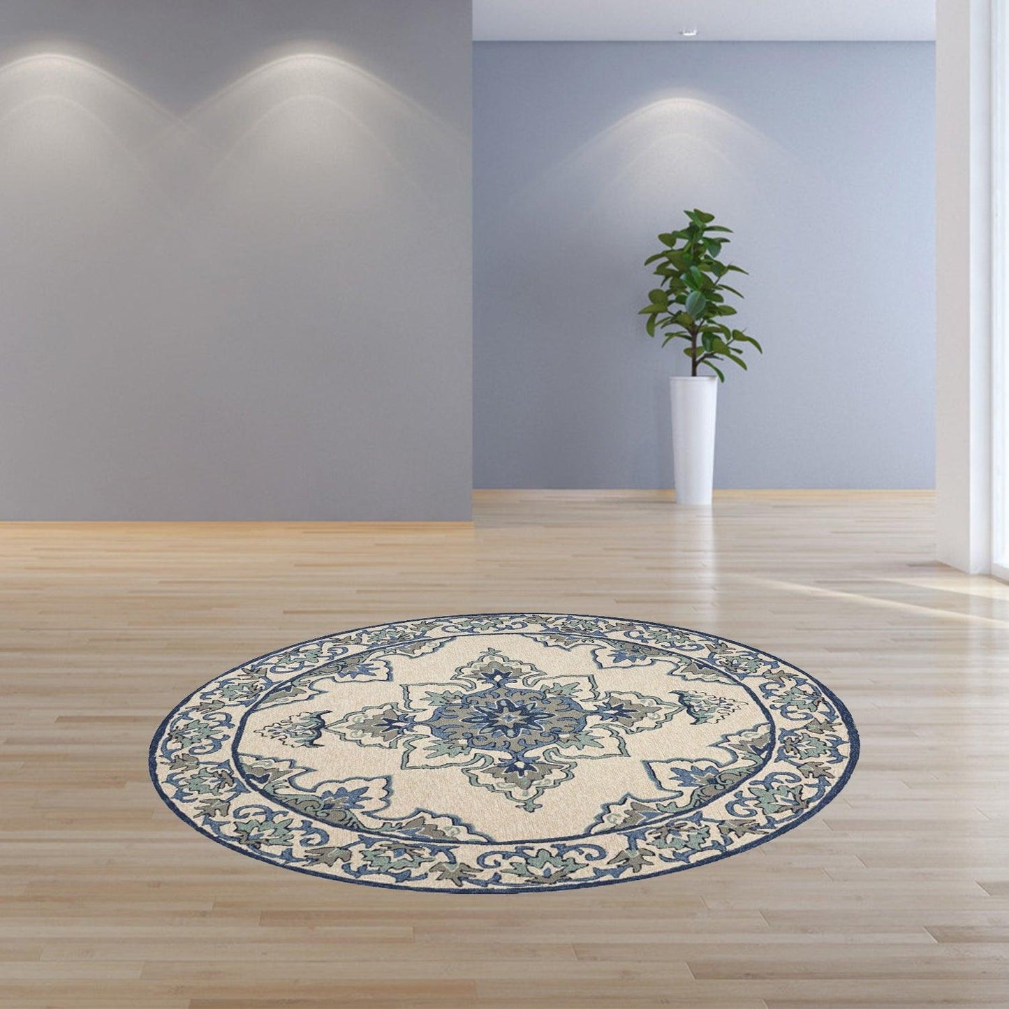 3'x5' Ivory Blue Hand Hooked Floral Medallion Indoor Outdoor Area Rug - AFS