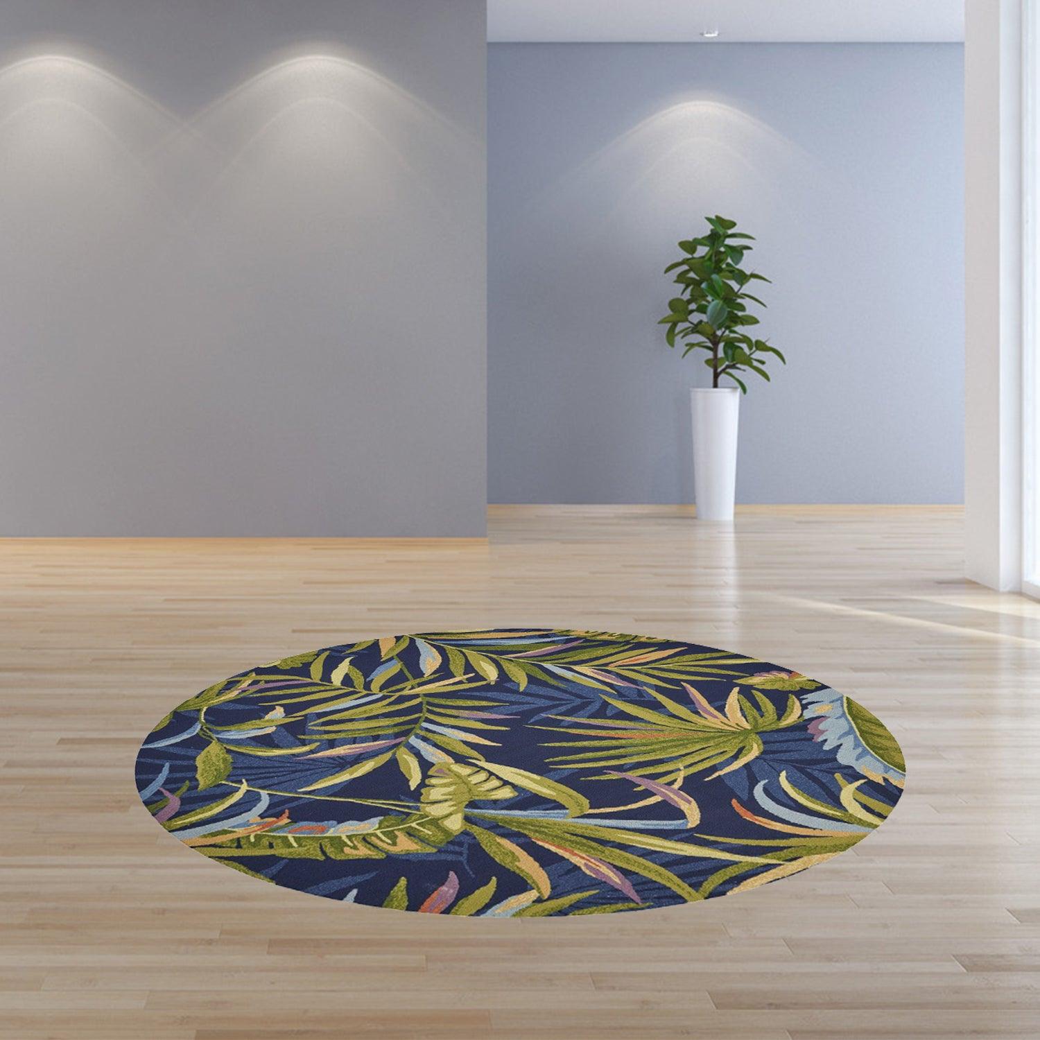 5' x 7' Ink Blue Tropical Leaves UV Treated Indoor Outdoor Area Rug - AFS