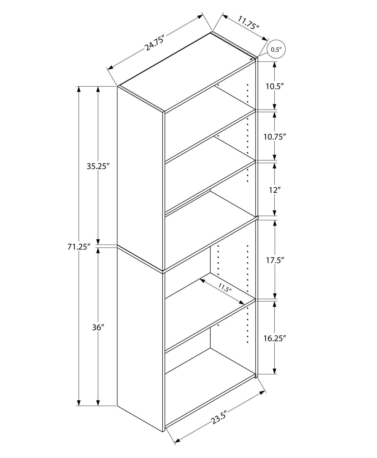 11.75" x 24.75" x 71.25" Cappuccino 5 Shelves Bookcase - AFS