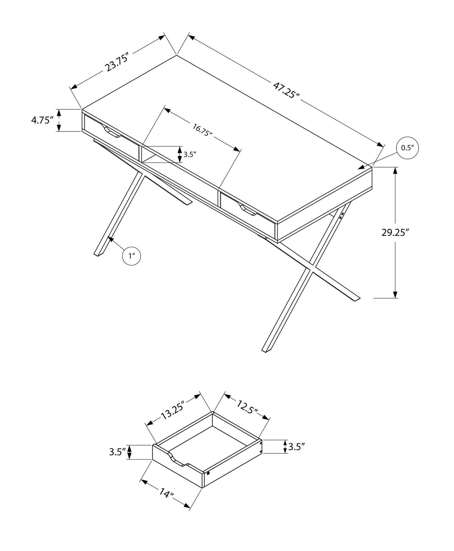 23.75" x 47.25" x 29.25" CappuccinoGold Metal Computer Desk - AFS