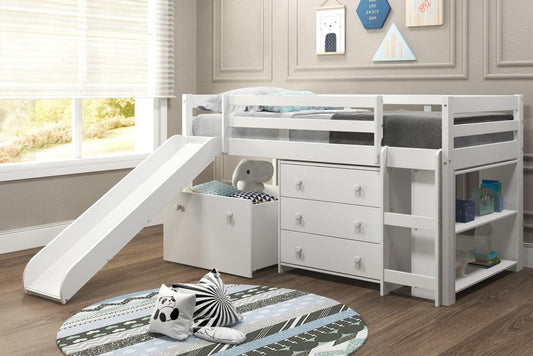 White Mini Loft with Dresser Toy Box and Slide - AFS