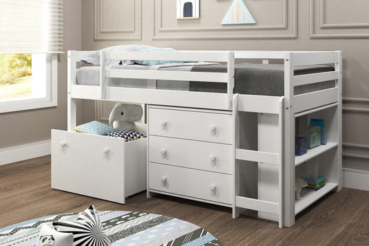 White Mini Loft Bed with Dresser and Toy Box - AFS