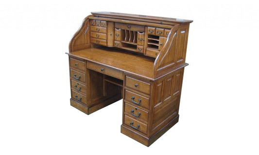 Two Tier Burnished Walnut Hardwood Deluxe Roll Top Desk - AFS