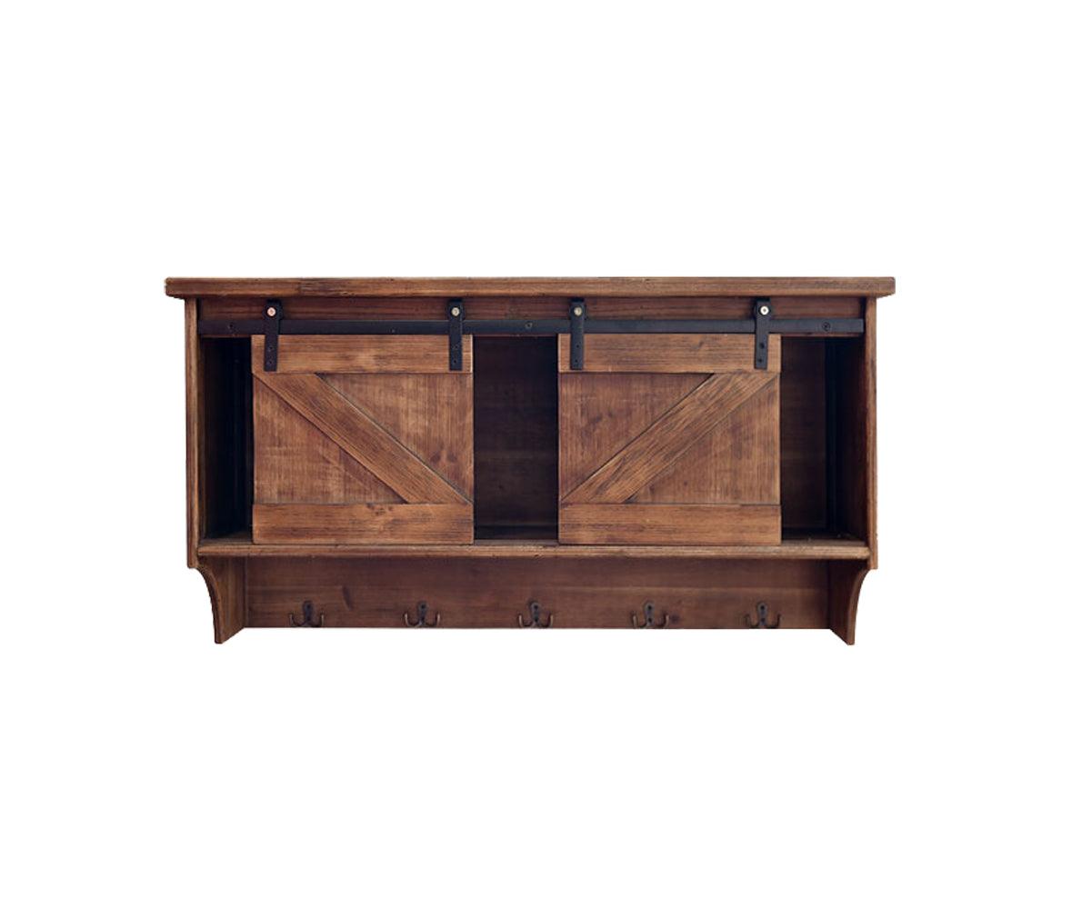 Rustic Wooden Shelf with Barn Door Storage and Hooks - AFS