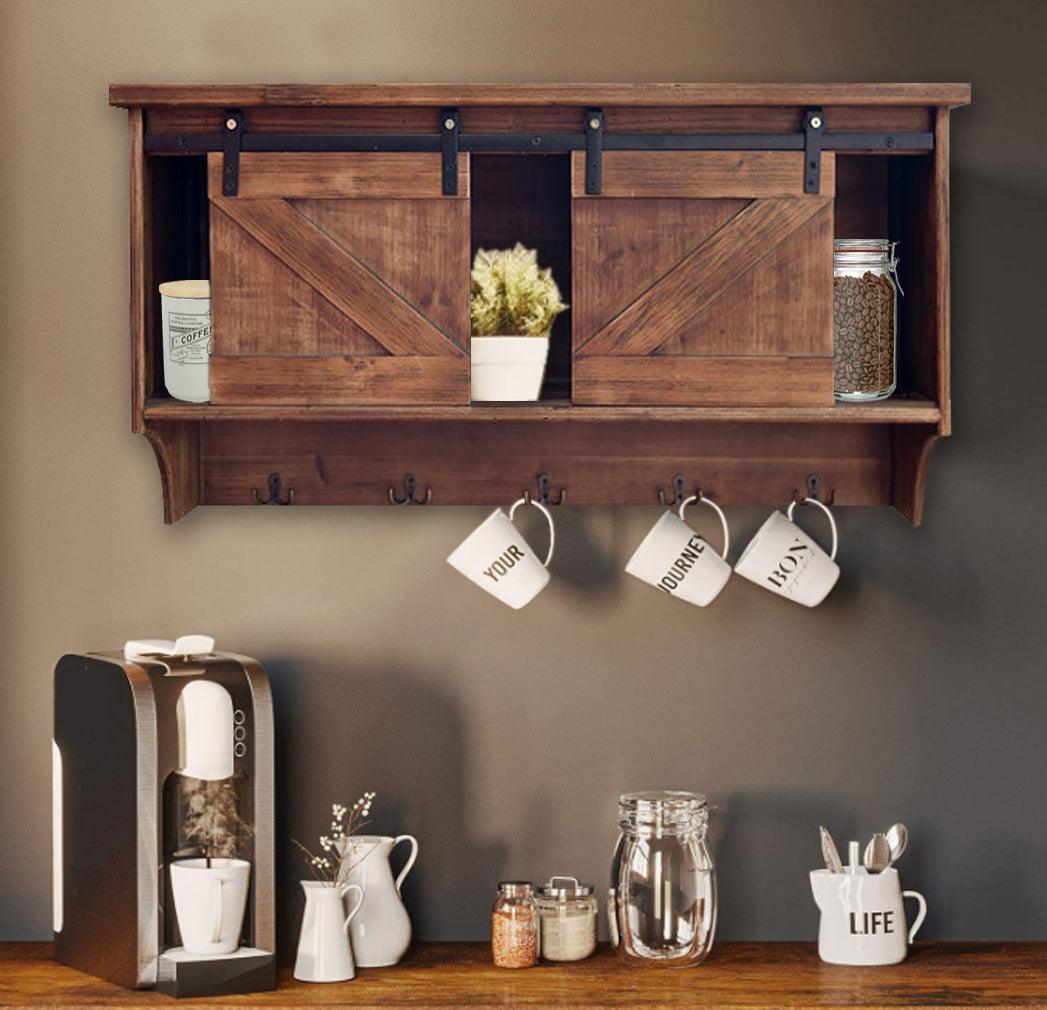 Rustic Wooden Shelf with Barn Door Storage and Hooks - AFS