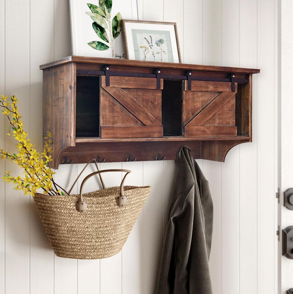 Rustic Wooden Shelf with Barn Door Storage and Hooks - AFS