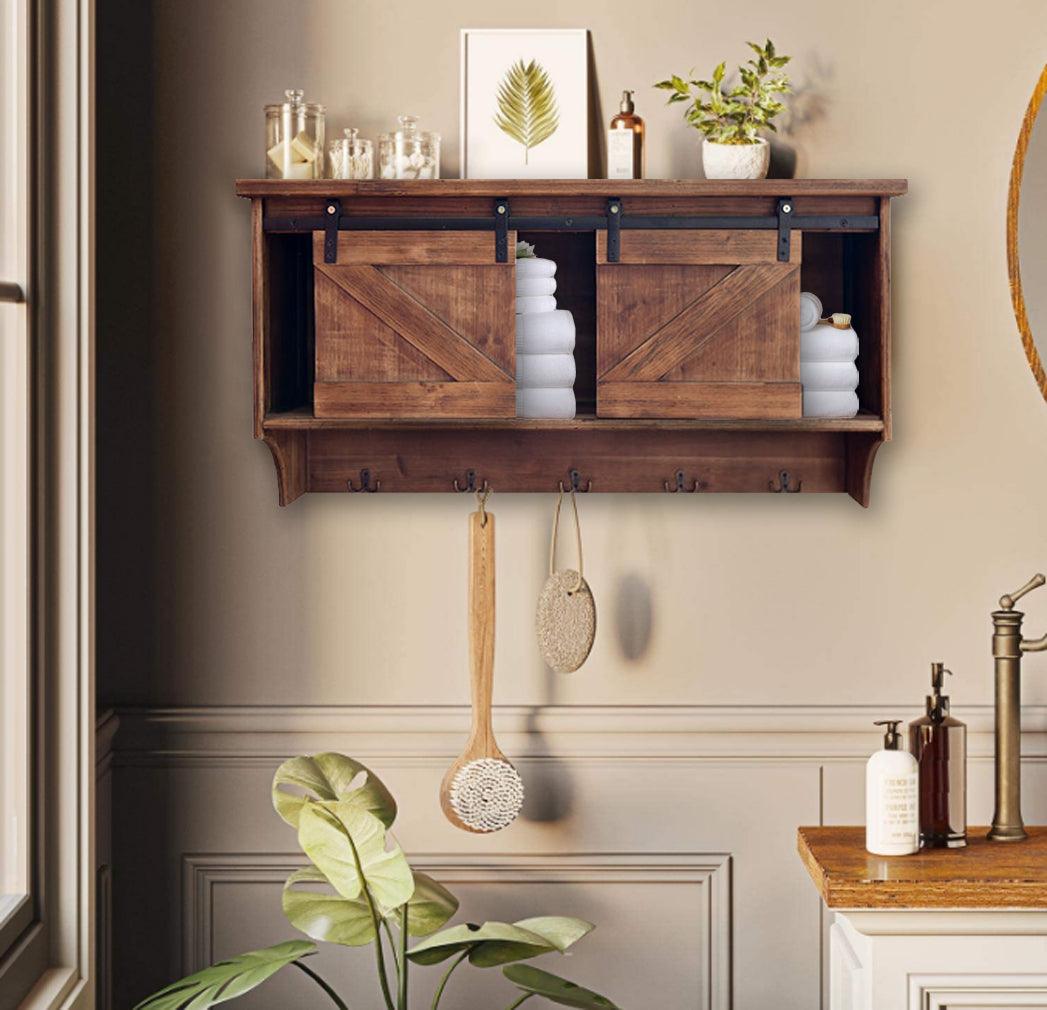 Rustic Wooden Shelf with Barn Door Storage and Hooks - AFS