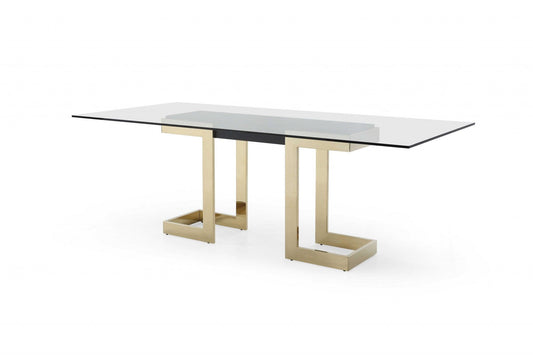 87 X 39 X 30 Polished Gold Glass Stainless Steel Dining Table - AFS