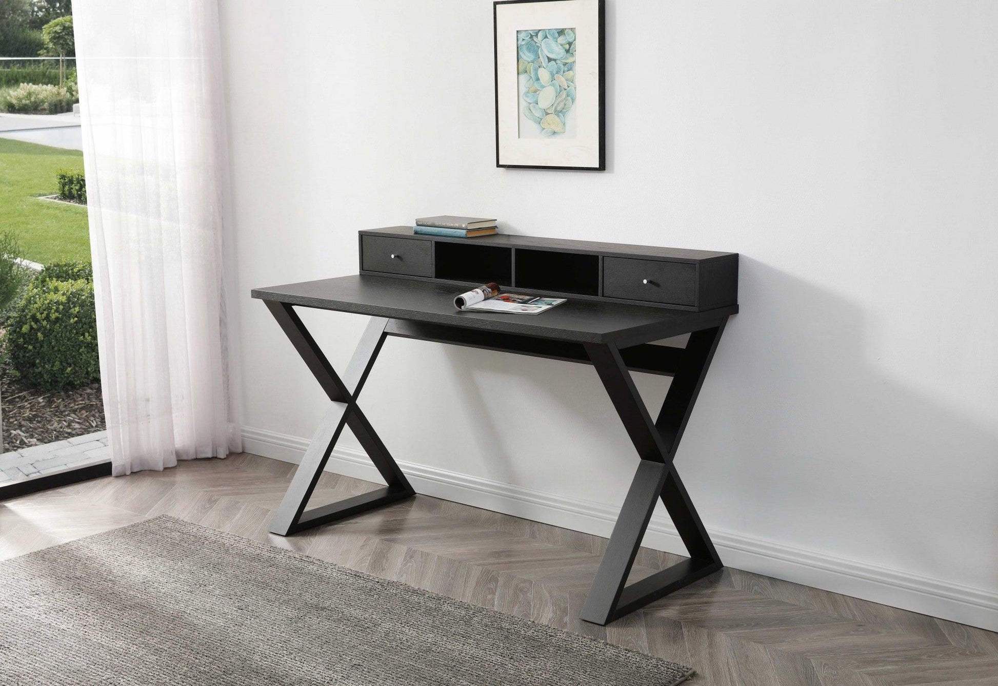 Rectangular Black Veneer Desk with 2 Small Drawers - AFS