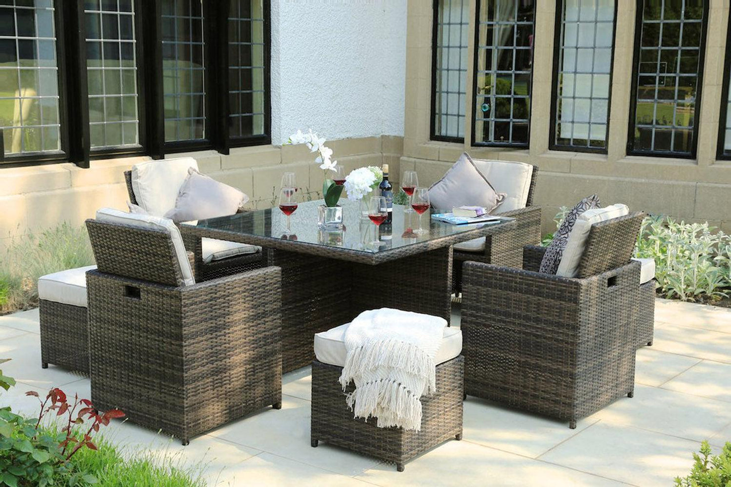 101" X 49" X 45" Brown 9Piece Square Outdoor Dining Set with Beige Cushions - AFS