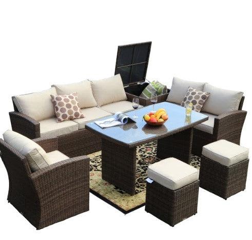 179.85" X 31.89" 32.68" Brown 7Piece Steel Outdoor Sectional Sofa Set with Ottomans and Storage Box - AFS