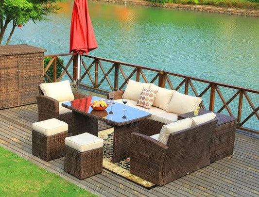 179.85" X 31.89" 32.68" Brown 7Piece Steel Outdoor Sectional Sofa Set with Ottomans and Storage Box - AFS