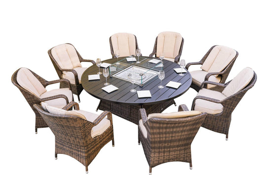 Brown Wicker Round Outdoor Fire Pit Dining Set With 8 Chairs - AFS