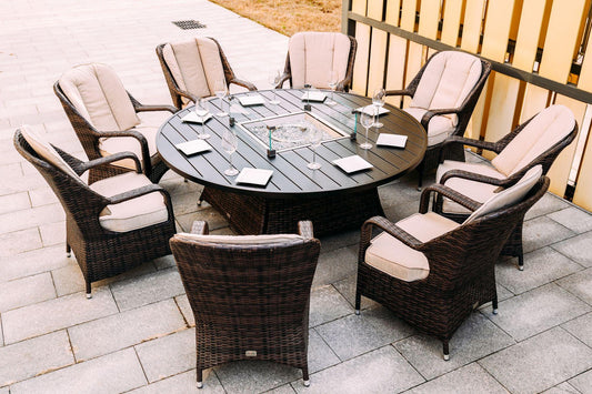 Brown Wicker Round Outdoor Fire Pit Dining Set With 8 Chairs - AFS
