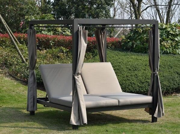 161.85" X 71.37" X 8.58" Gray Outdoor Steel Metal Adjustable Day Bed with Canopy and Taupe Cushions - AFS