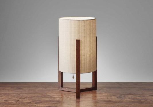 Walnut Wood Finish Cylindrical Linen Shade Table Lamp - AFS