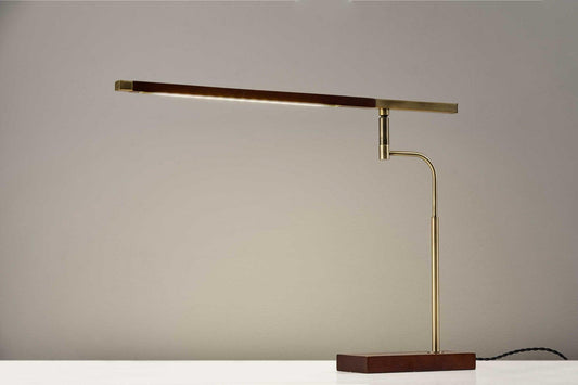 Walnut Wood Finish and Antique Brass Metal Adjustable LED Desk Lamp with USB Port - AFS