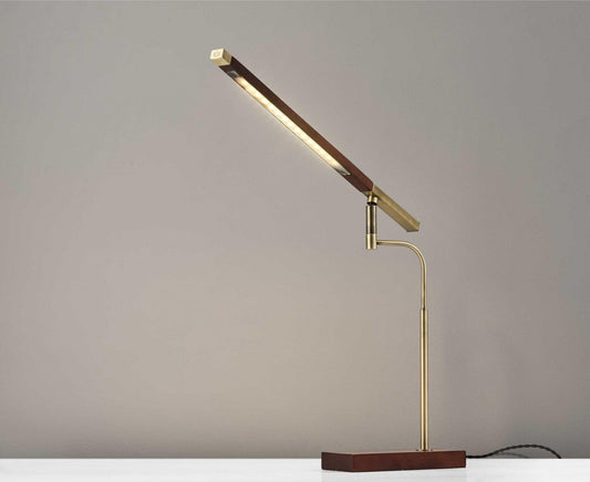 Walnut Wood Finish and Antique Brass Metal Adjustable LED Desk Lamp with USB Port - AFS