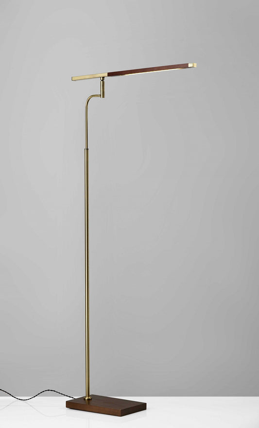 Thin Silhouette Adjustable LED Floor Lamp with Walnut Wood Finish and Antique Brass Accents - AFS