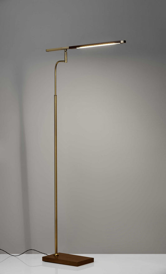 Thin Silhouette Adjustable LED Floor Lamp with Walnut Wood Finish and Antique Brass Accents - AFS