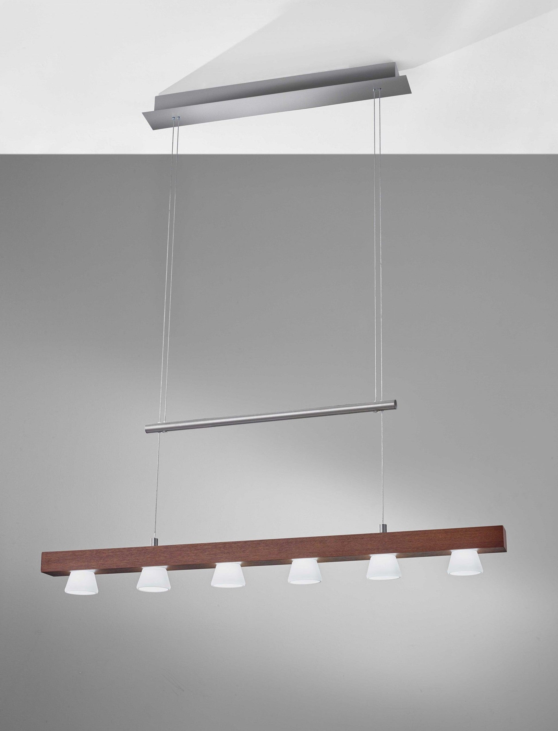 36" X 11" X 38-69" Walnut Wood LED 6 Light Adjustable Pendant - AFS