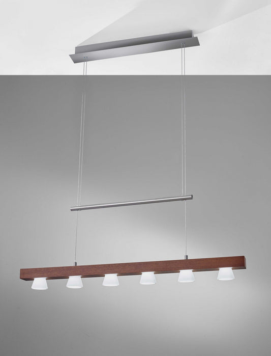 36" X 11" X 38-69" Walnut Wood LED 6 Light Adjustable Pendant - AFS