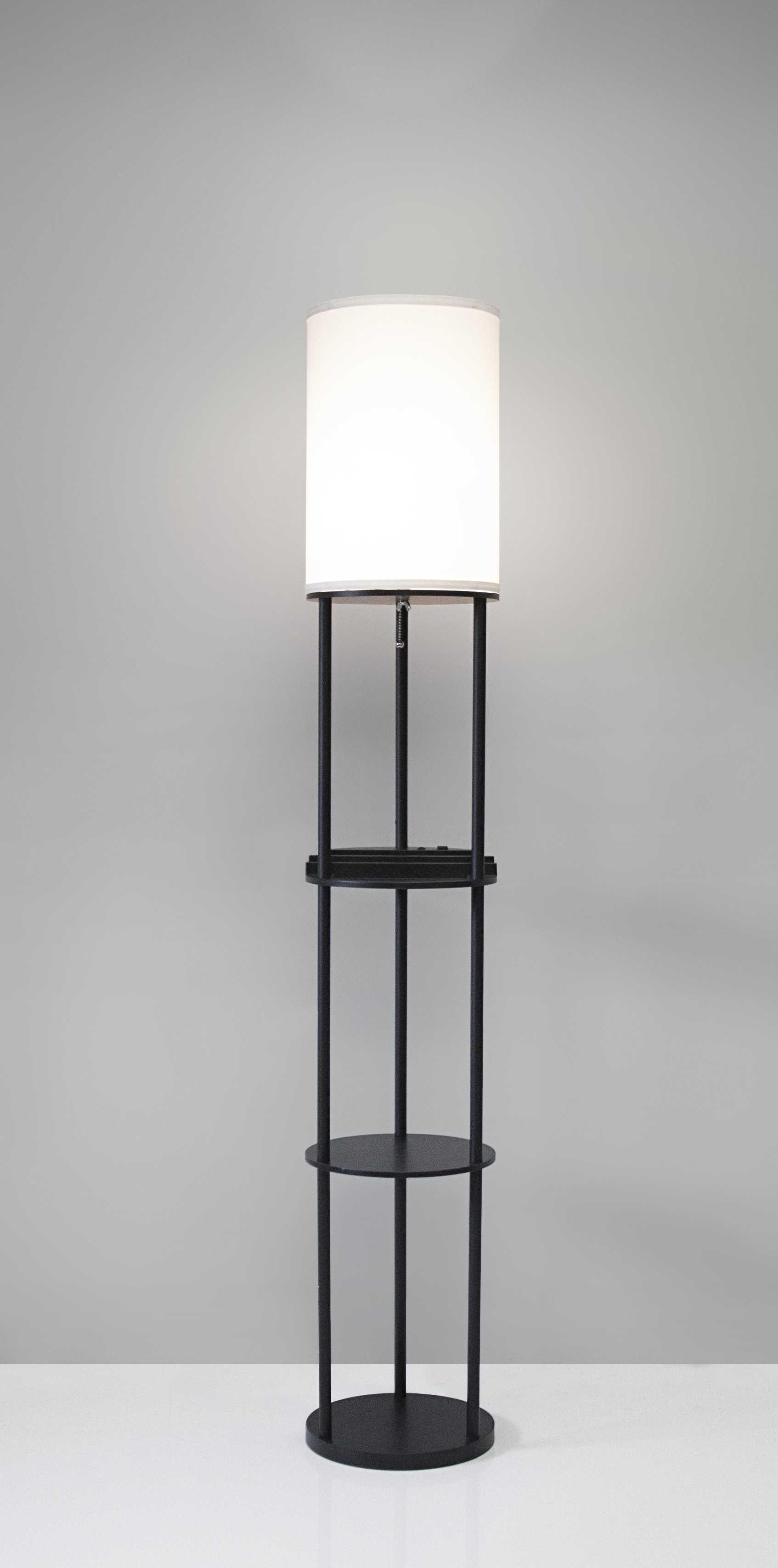 Black Wood Floor Lamp with Circular USB Charging Station Shelf - AFS