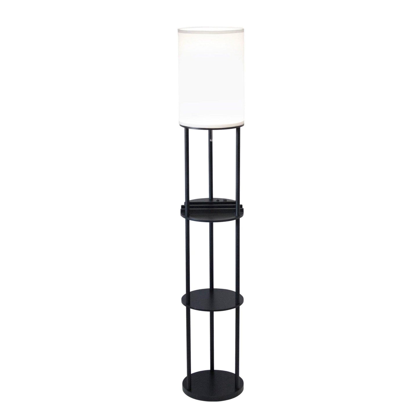 Black Wood Floor Lamp with Circular USB Charging Station Shelf - AFS