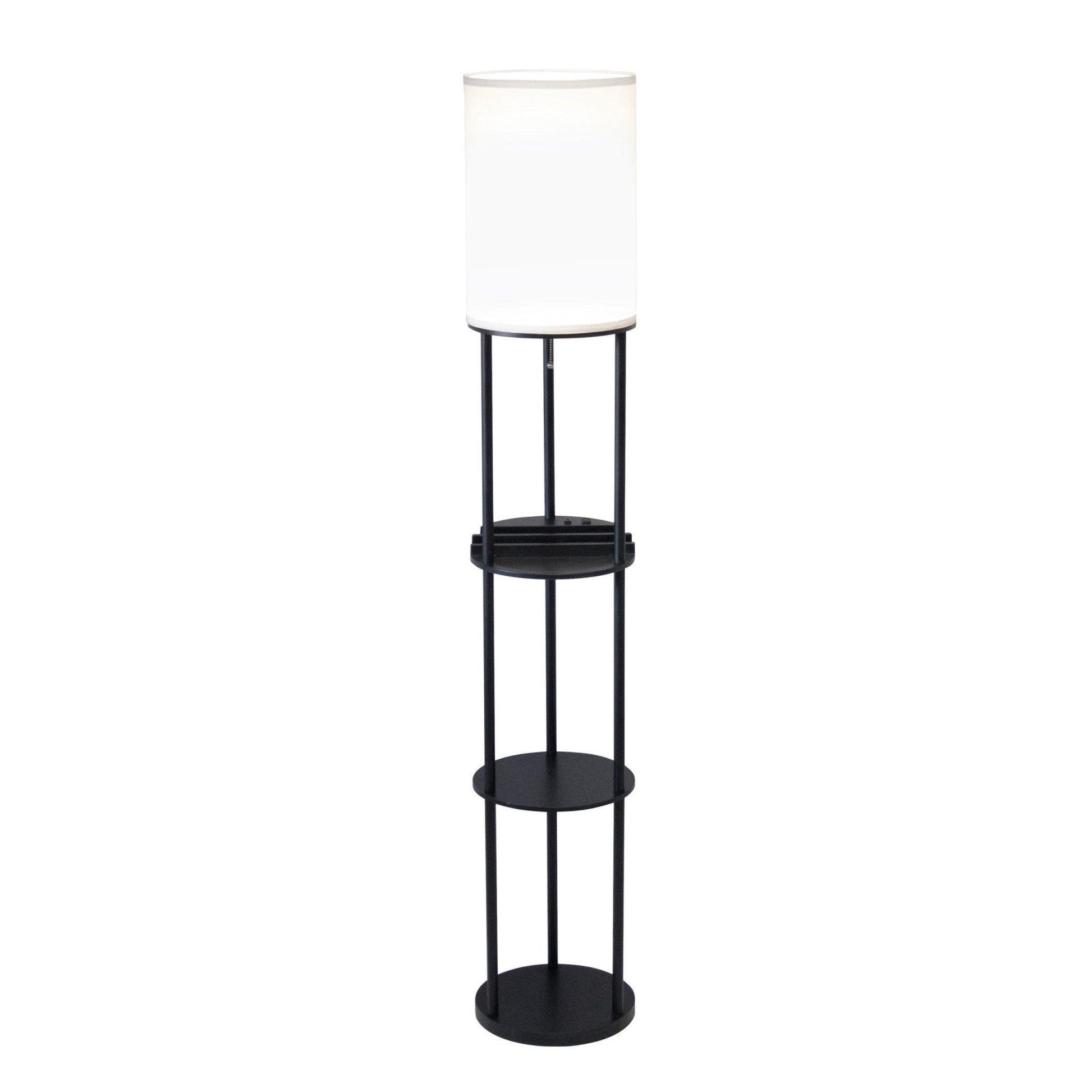 Black Wood Floor Lamp with Circular USB Charging Station Shelf - AFS