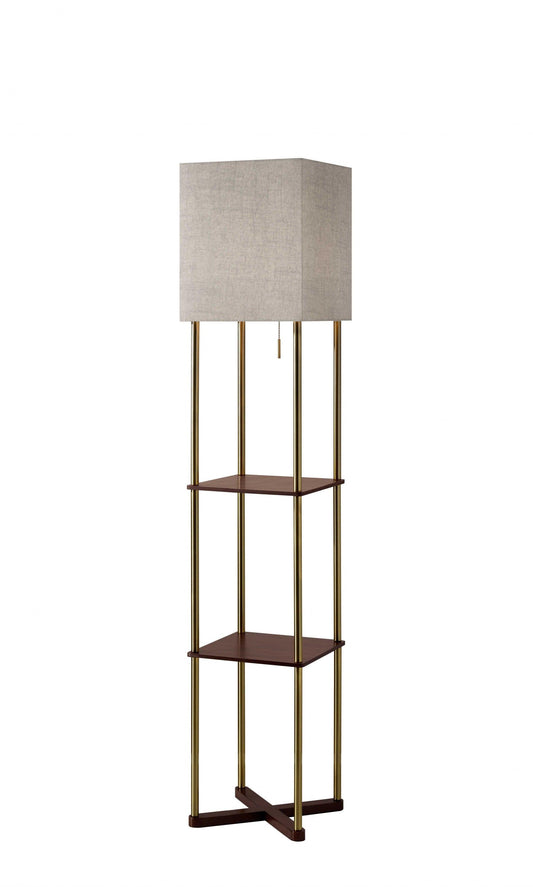 Floor Lamp with Antique Brass Poles and Walnut Wood Finish Storage Shelves with Two USB Ports - AFS