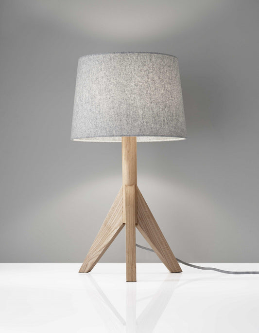 Natural Wood Tripod Base with Grey Felt Tapered Drum Shade Table Lamp - AFS