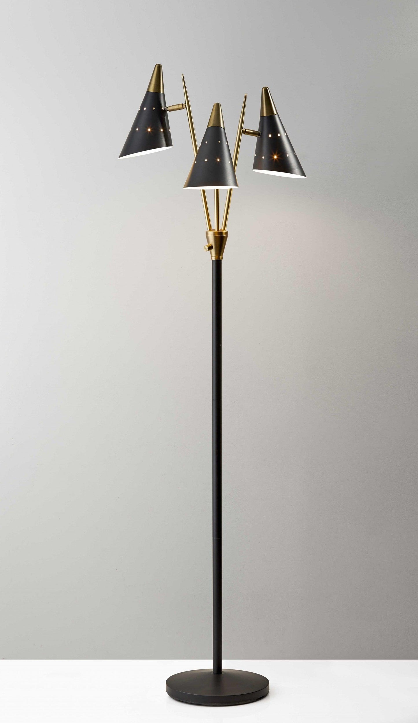 Black Metal Floor Lamp with Three Adjustable Antique Brass Accented Cone Shades - AFS