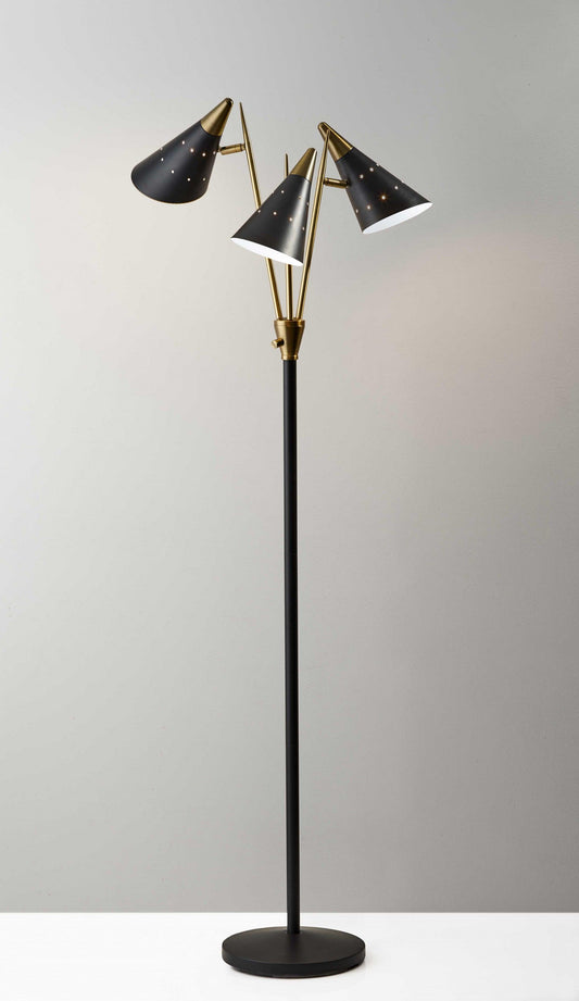 Black Metal Floor Lamp with Three Adjustable Antique Brass Accented Cone Shades - AFS