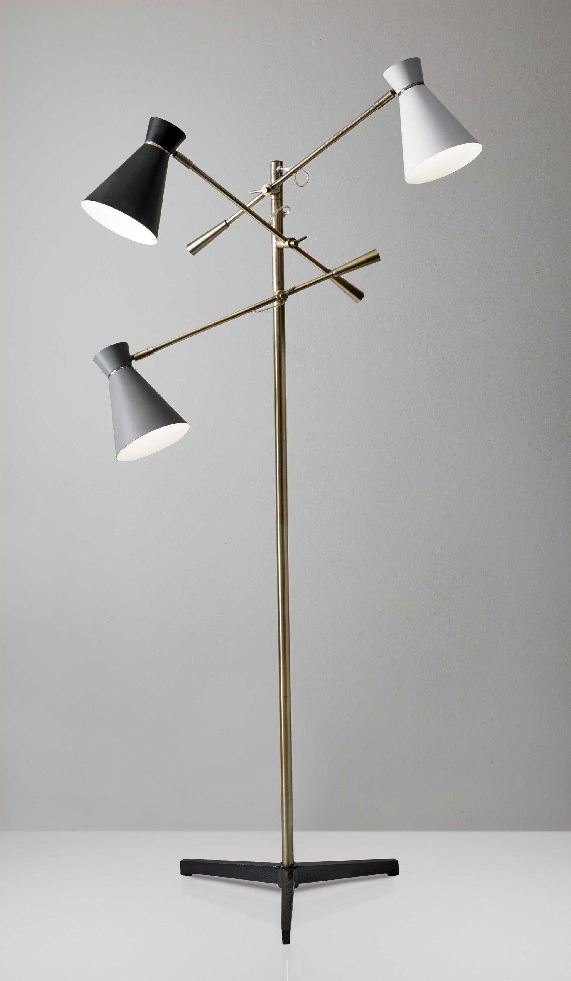 Three Arm Adjustable Floor Lamp in Brass Metal with Grey Black and White Shades - AFS