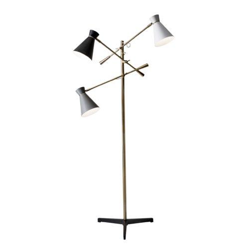 Three Arm Adjustable Floor Lamp in Brass Metal with Grey Black and White Shades - AFS