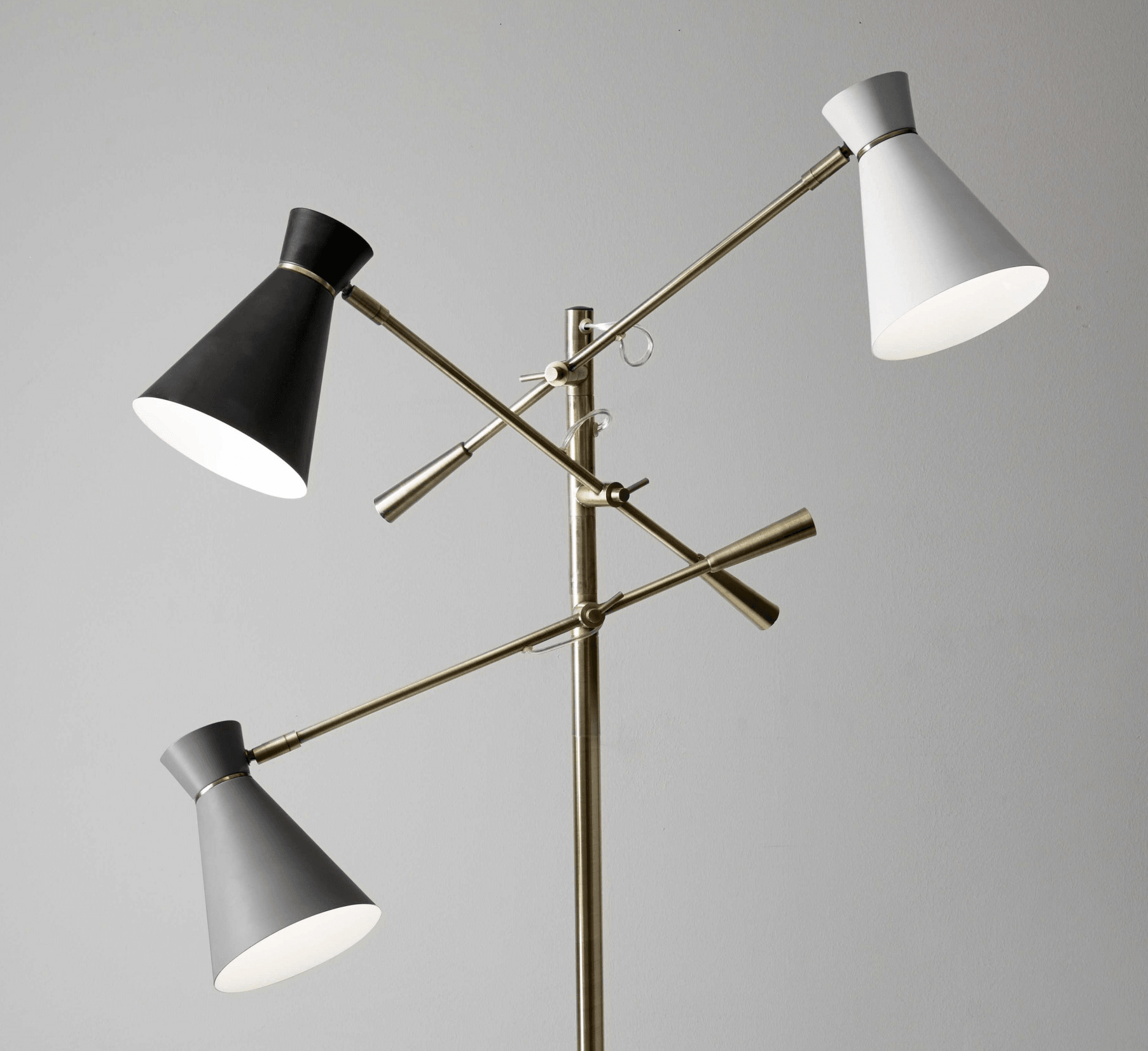 Three Arm Adjustable Floor Lamp in Brass Metal with Grey Black and White Shades - AFS