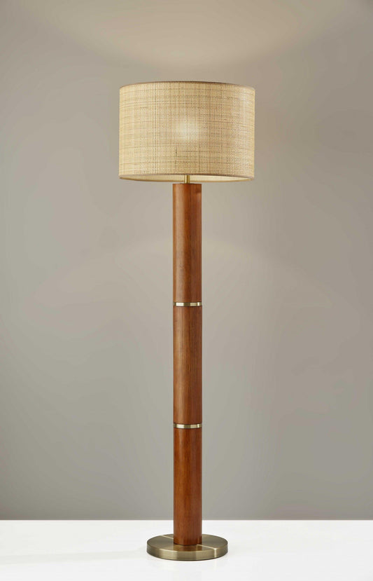 Walnut Wood Finish Floor Lamp Cylindrical Base with Antique Brass Accents and Woven Rattan Shade - AFS