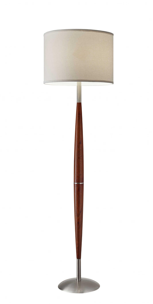 Elliptical Shape Walnut Wood Finish Floor Lamp with Satin Steel Accents and White Fabric Drum Shade - AFS