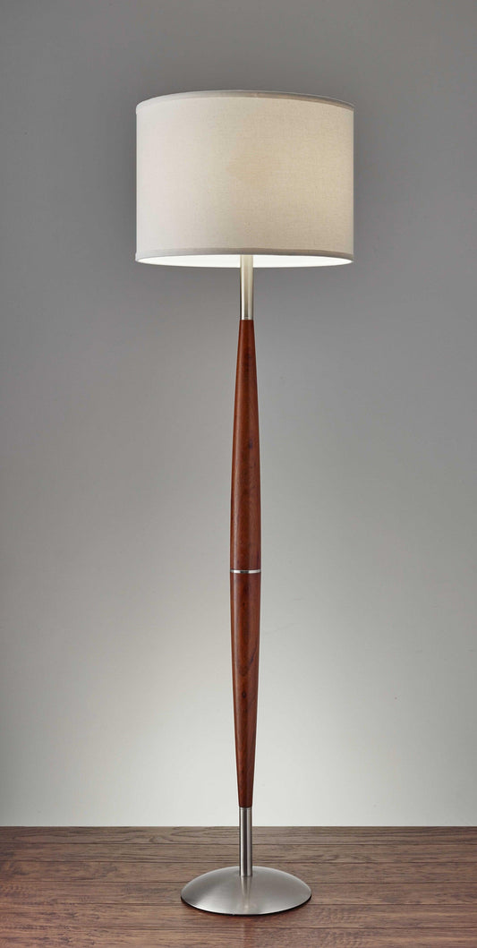 Elliptical Shape Walnut Wood Finish Floor Lamp with Satin Steel Accents and White Fabric Drum Shade - AFS